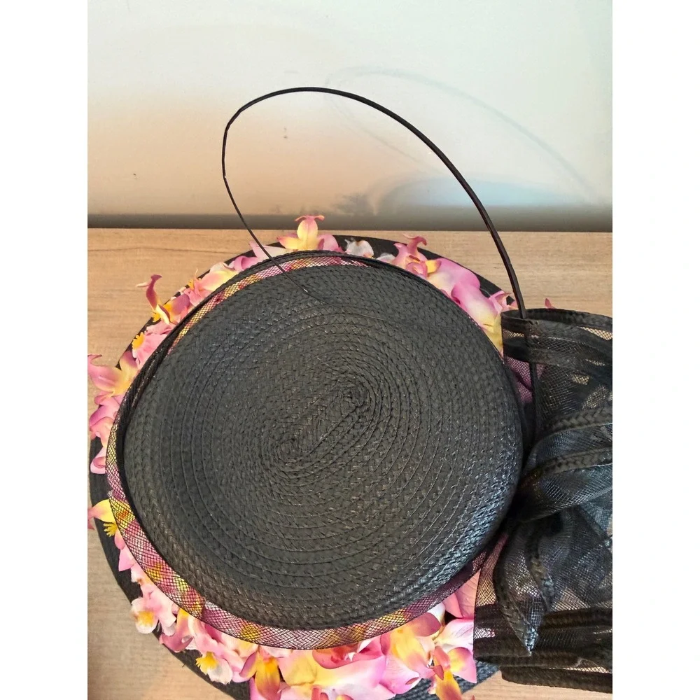 Giovannio New York Black Sun Hat Pink Orchid Floral Mesh Bow Kentucky Derby Hat